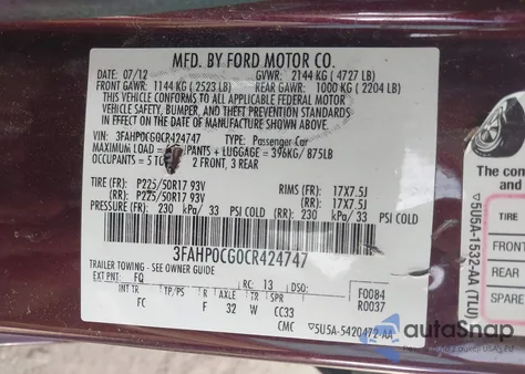 2012 Ford Fusion Sel z USA, uszkodzony, nr VIN 3FAHP0CG0CR424747